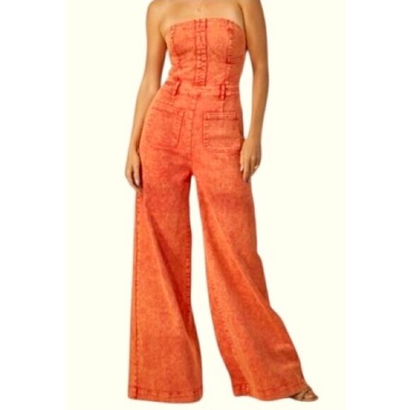 Wisteria Lane Denim Jumpsuit Rust Orange Strapless Wide Leg Smocked Bodice Top - Picture 1 of 12